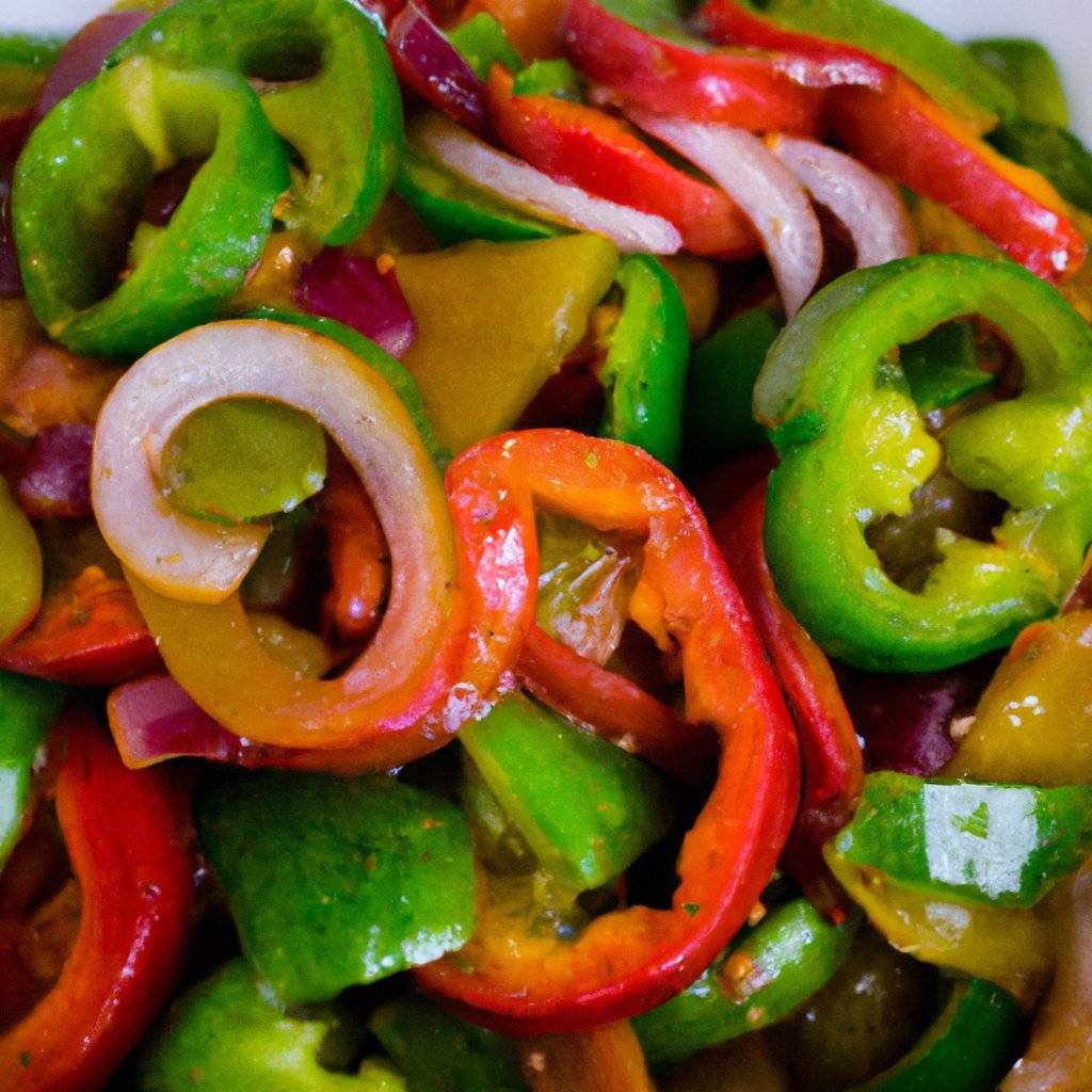 La fotografía presenta una ensalada de pimientos que resalta la belleza de la cocina colorida. Con trozos vibrantes de pimientos rojos, amarillos y verdes, esta ensalada no solo es visualmente atractiva, sino que también es una opción perfecta para recetas saludables. La disposición de los pimientos en el plato muestra un enfoque artístico en la preparación de ensaladas, evidenciando la facilidad de crear platos nutritivos y deliciosos. Esta imagen invita a experimentar con ingredientes